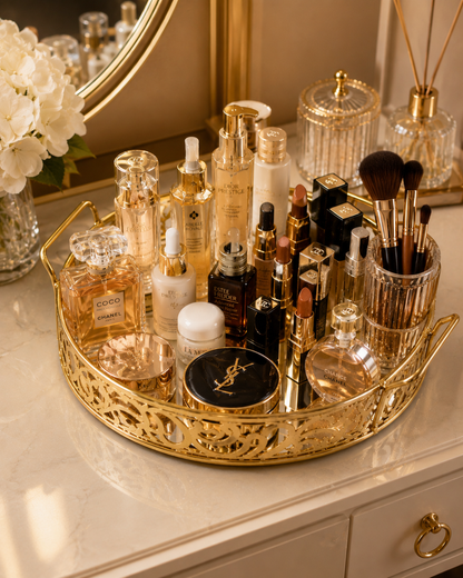 Luxury Golden Round Mirror Tray with Handles