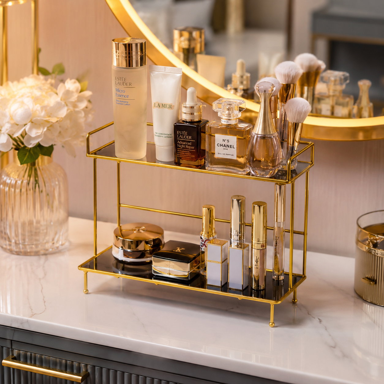 Luxury 2-Tier Gold Cosmetic Organizer Stand