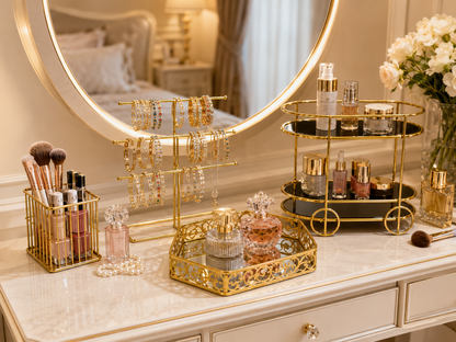Deal No 4-Luxury Gold Vanity Organizer - 4 Pcs Makeup & Jewelry Storage Set