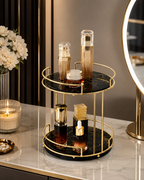 Luxury 2-Tier Cosmetic Organizer Stand – Gold Frame with Black & White Tray