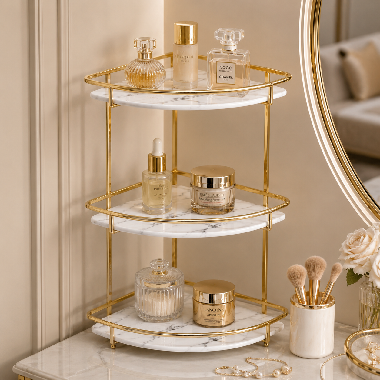 Luxury 3 Tier Golden Corner Organizer Rack – Bathroom & Vanity Storage Shelf