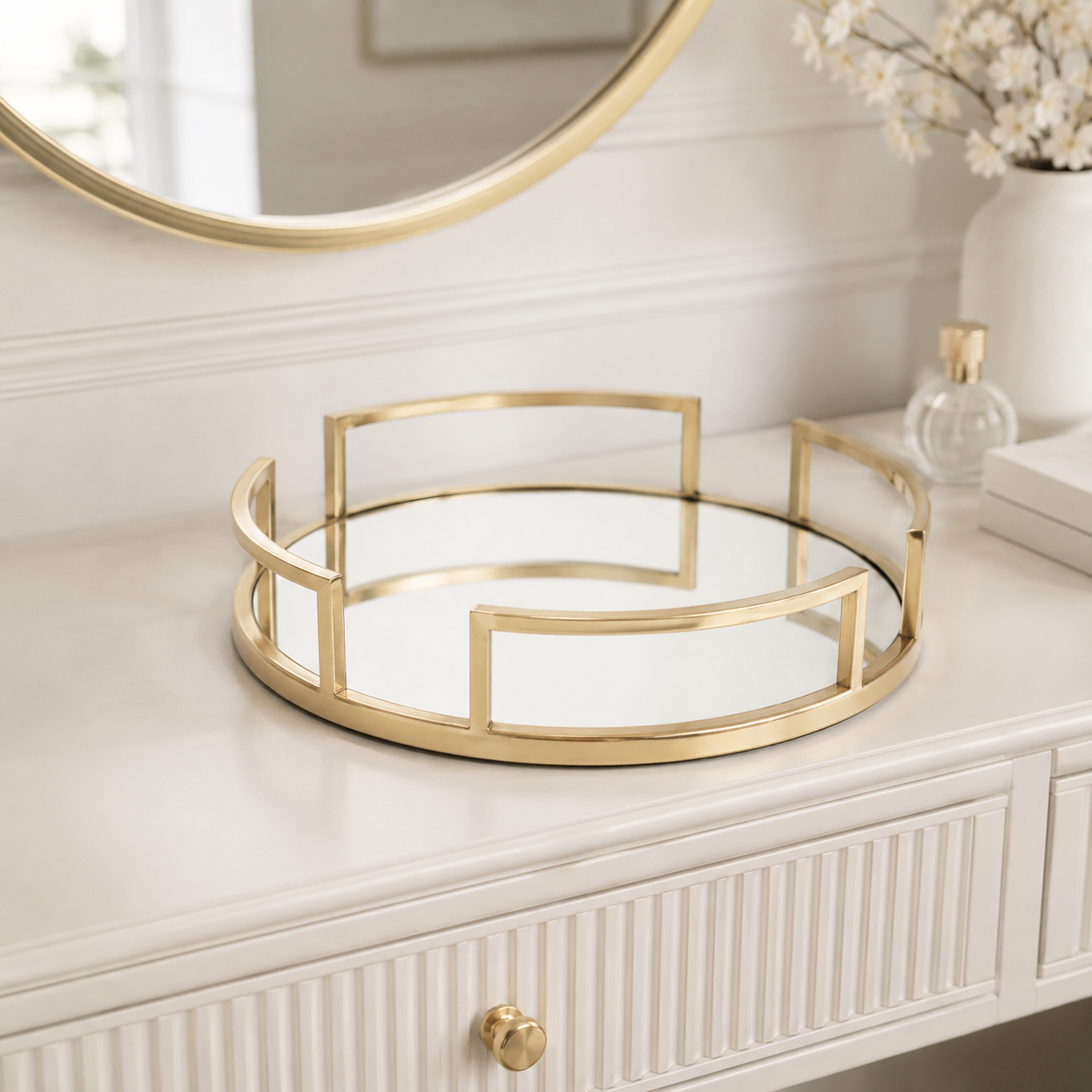 Perfume Plate Round Tray with Gold Metal & Glass – Elegant Vanity Organizer