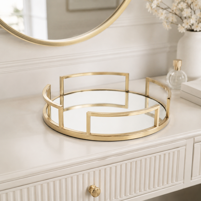 Perfume Plate Round Tray with Gold Metal & Glass – Elegant Vanity Organizer