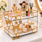 Luxury 2-Tier Golden Butterfly Cosmetic Organizer with Marble Style Trays