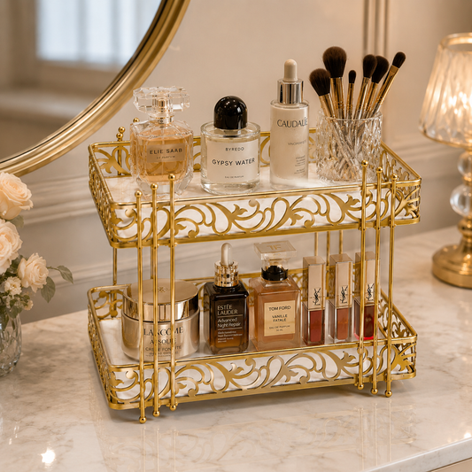 Luxury 2-Tier Gold Cosmetic Organizer Tray – White & Black Marble Design