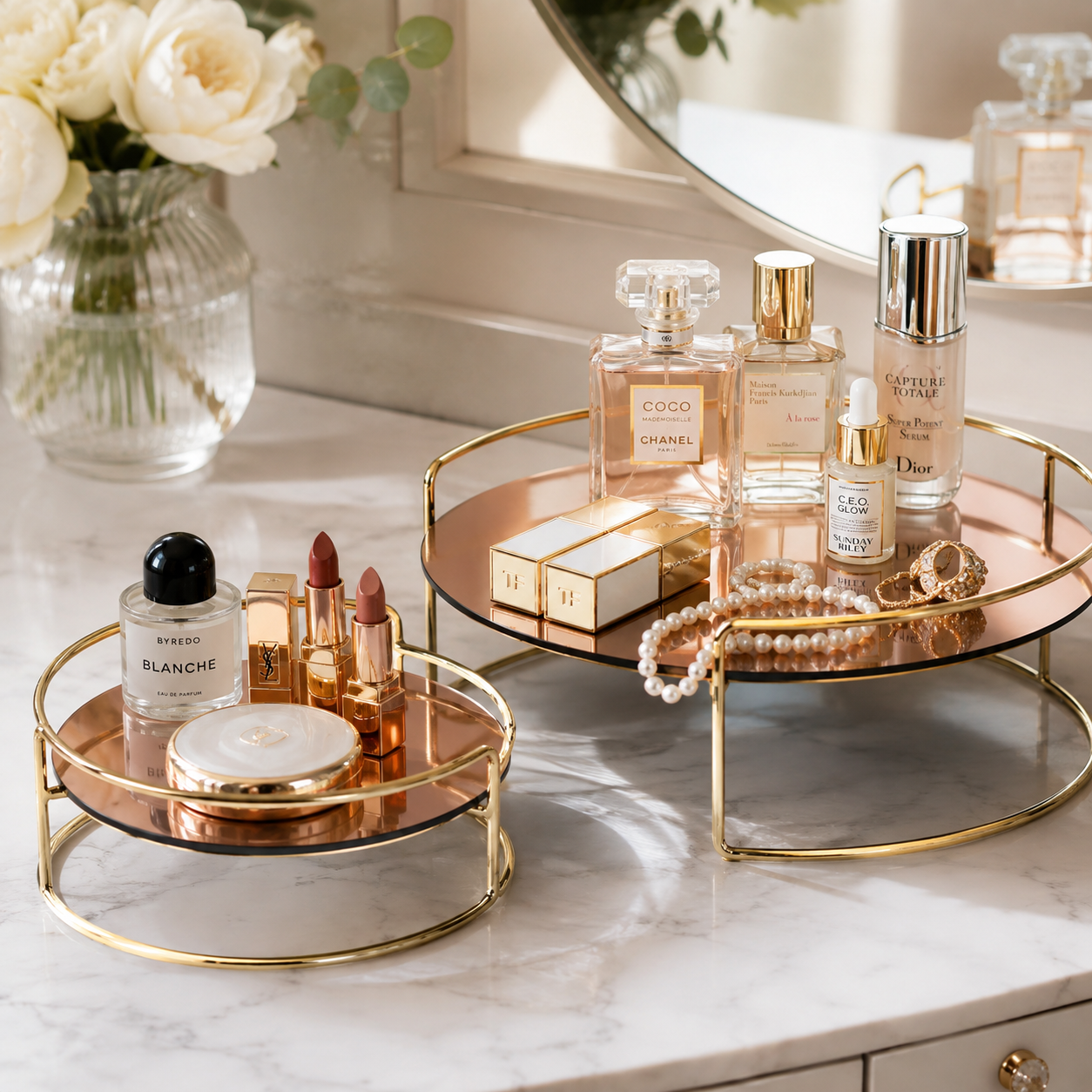 Luxury Golden Round Mirror Cosmetic & Jewelry Organizer Tray Set