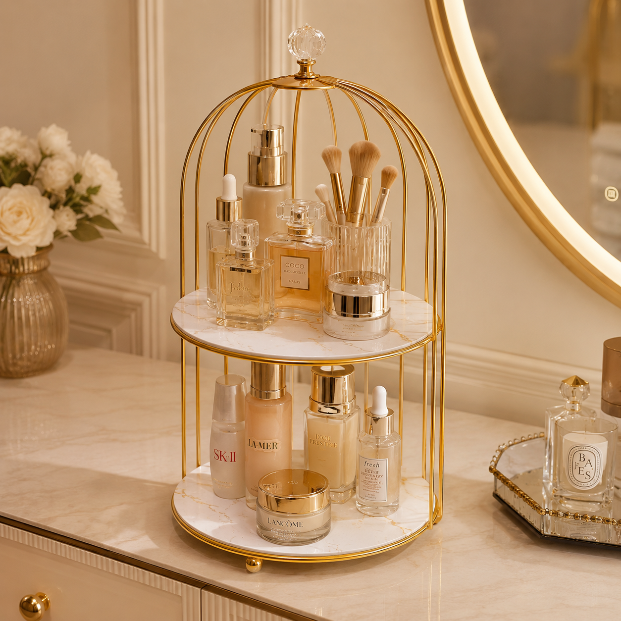 2 Layers Cosmetics Cage Organizer – Stylish Makeup & Skincare Storage Rack