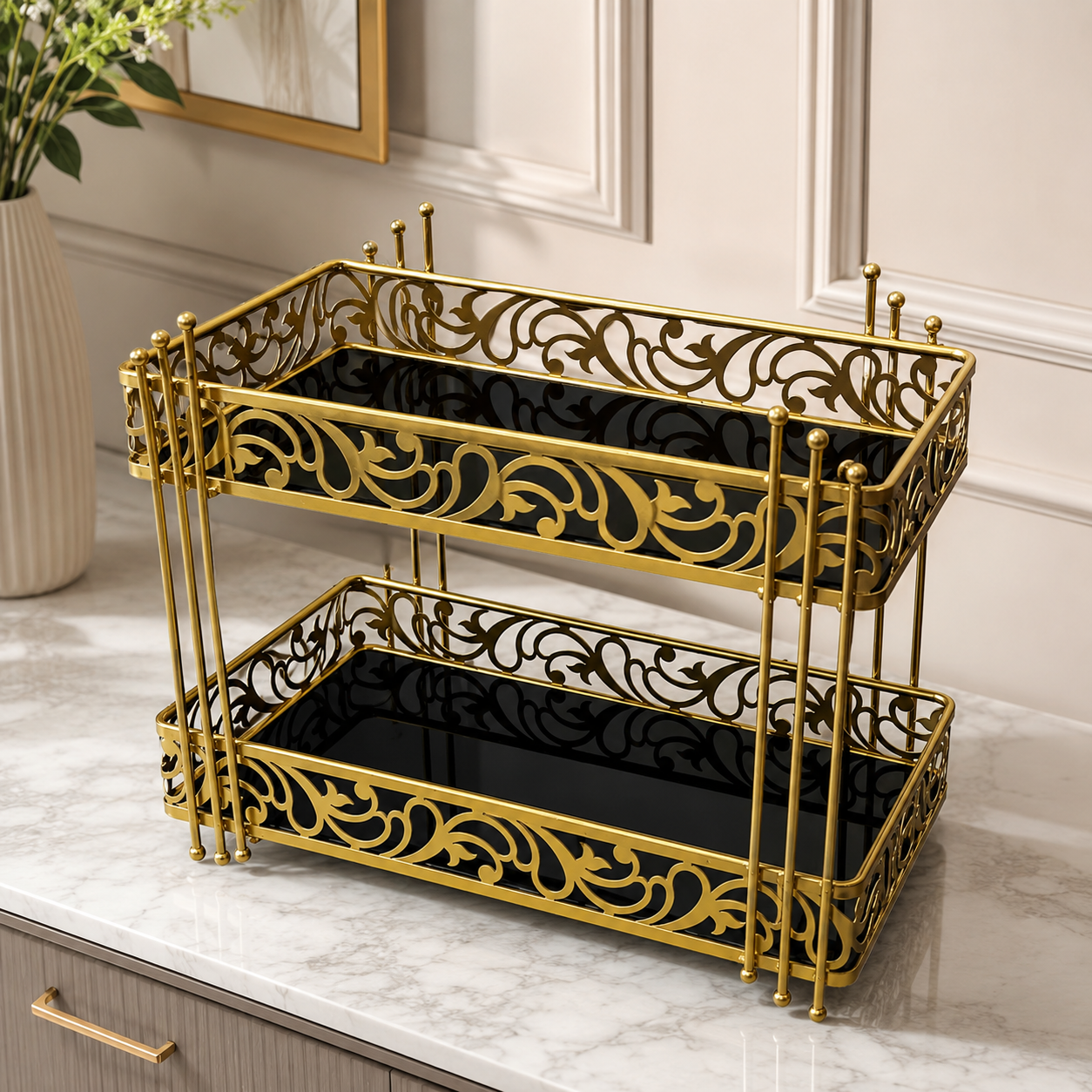 Luxury 2-Tier Gold Cosmetic Organizer Tray – White & Black Marble Design