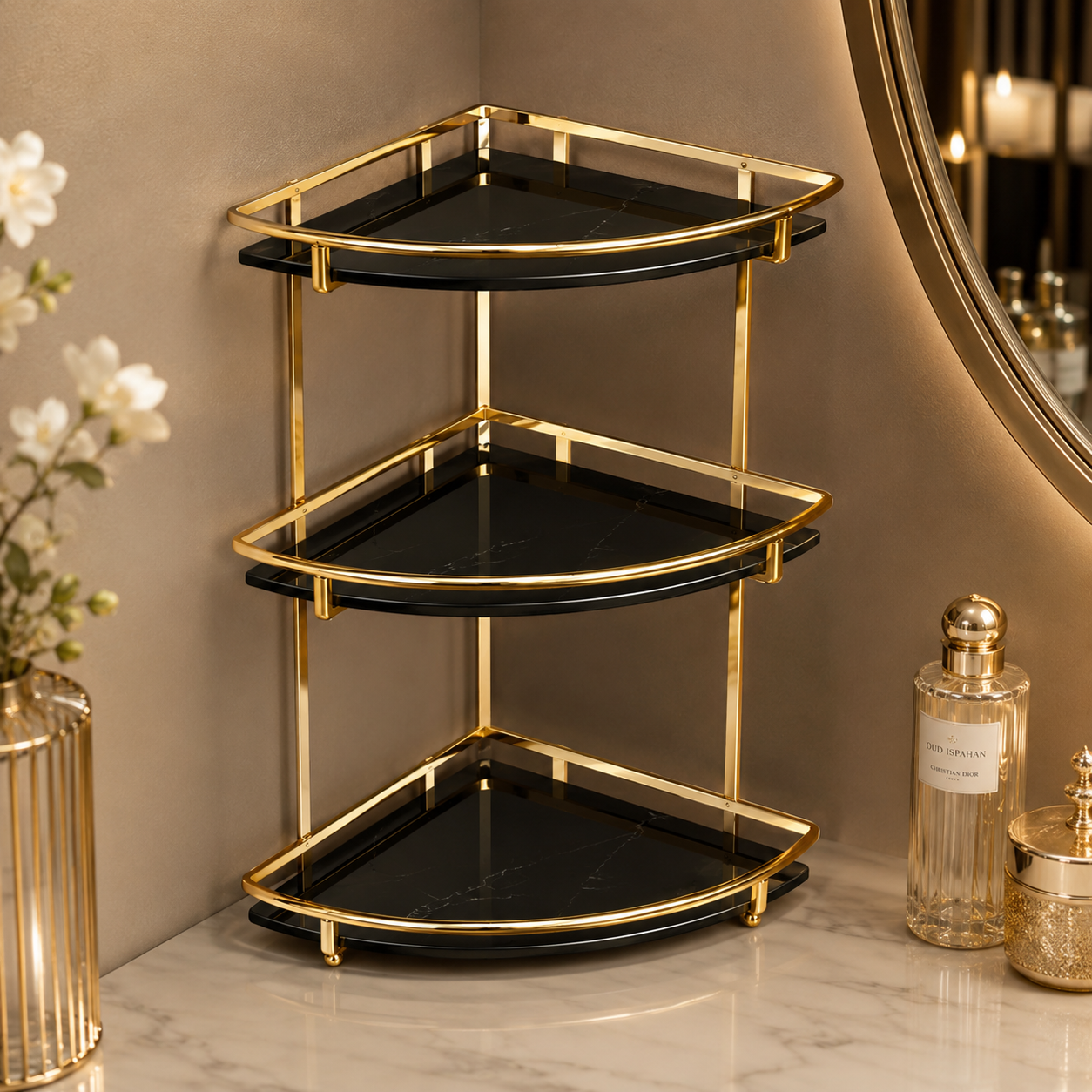 Luxury 3 Tier Golden Corner Organizer Rack – Bathroom & Vanity Storage Shelf