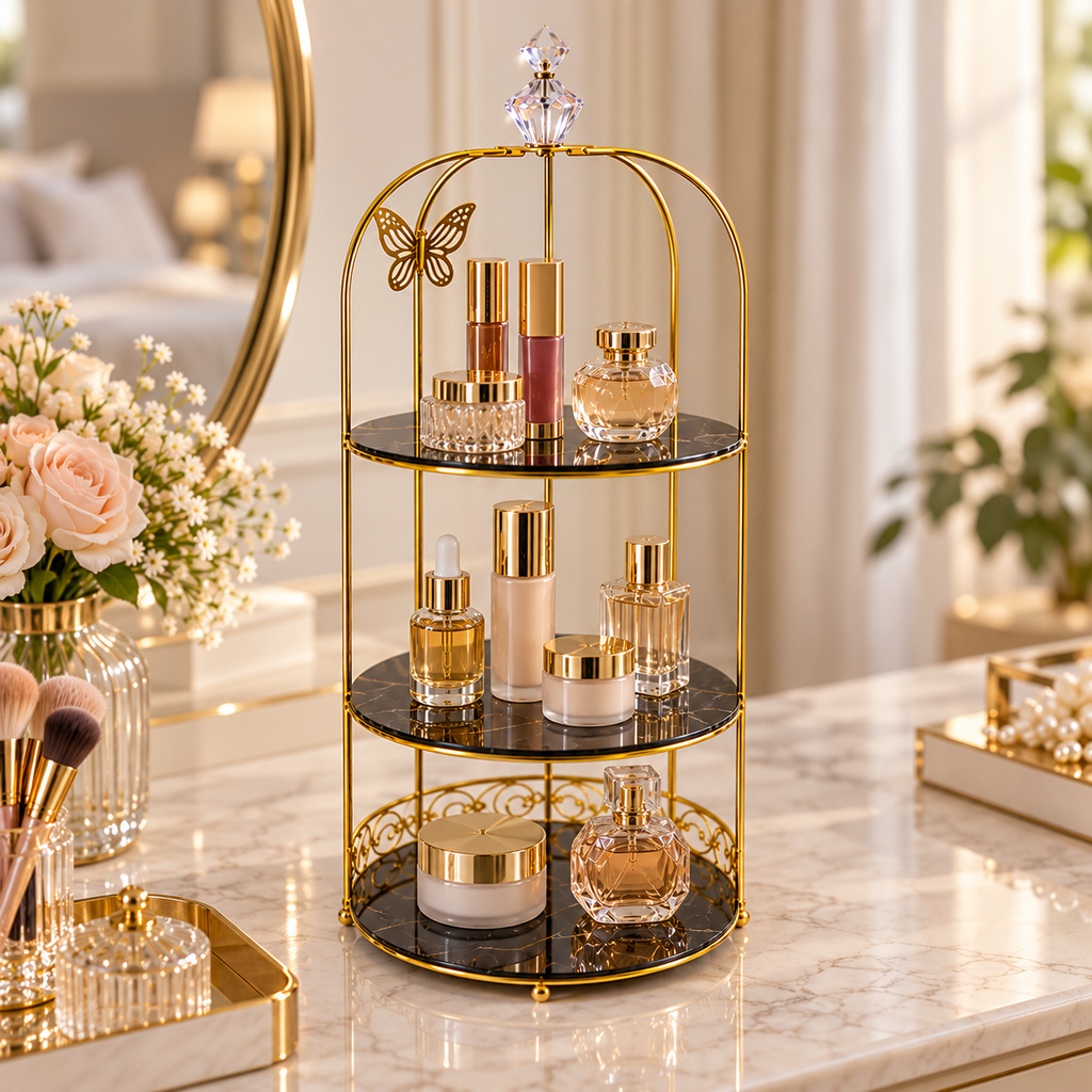 3 Layers Cage Cosmetics Storage Organizer – Multi-Tier Makeup & Skincare Storage Rack for Vanity, Bathroom & Dressing Table