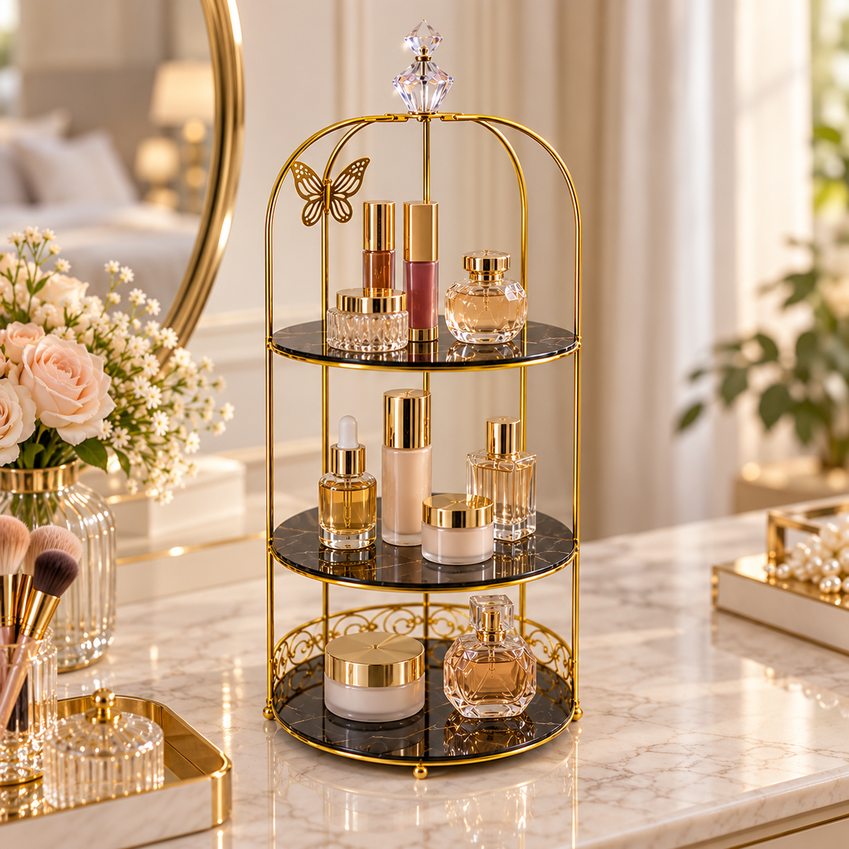 Butterfly 3 Layers Cosmetics Cage Organizer – Elegant Rotating Makeup & Jewelry Storage Rack