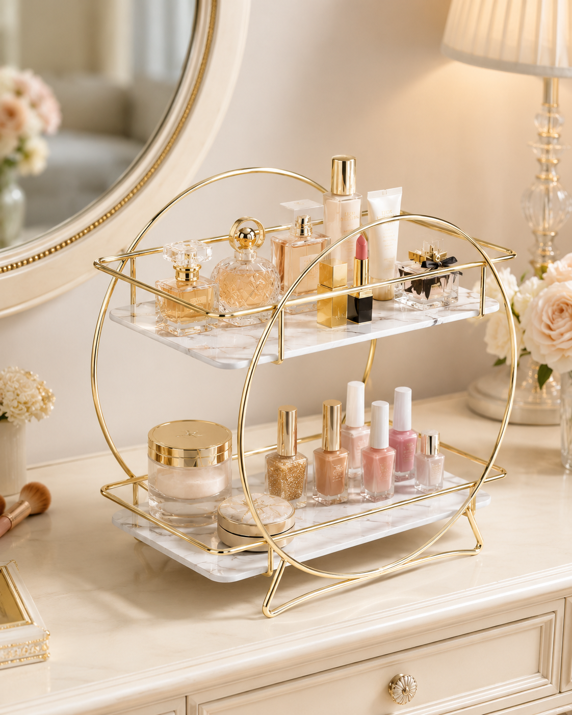 Luxury 2-Tier Round Frame Cosmetic Organizer Stand – Gold Metal Vanity Shelf