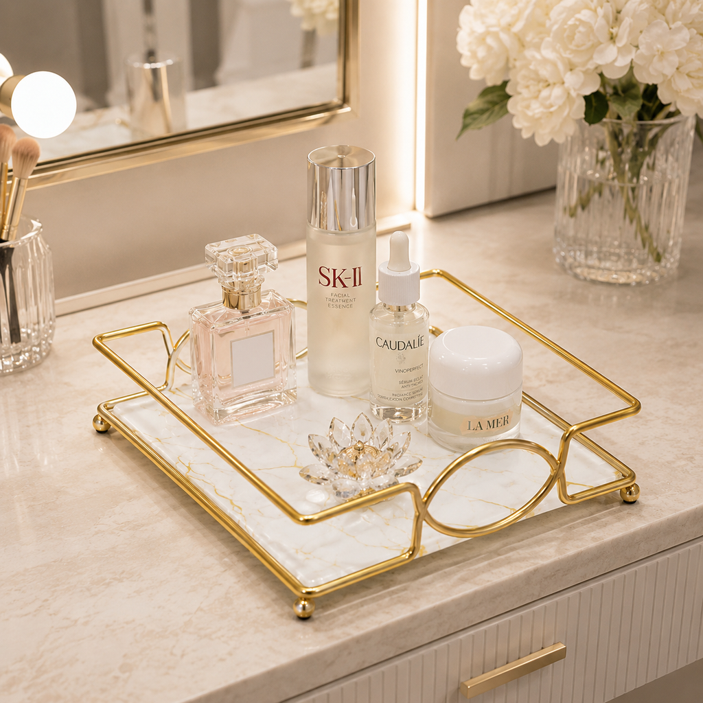 Luxury Golden Marble Vanity Tray – Cosmetic & Perfume Organizer