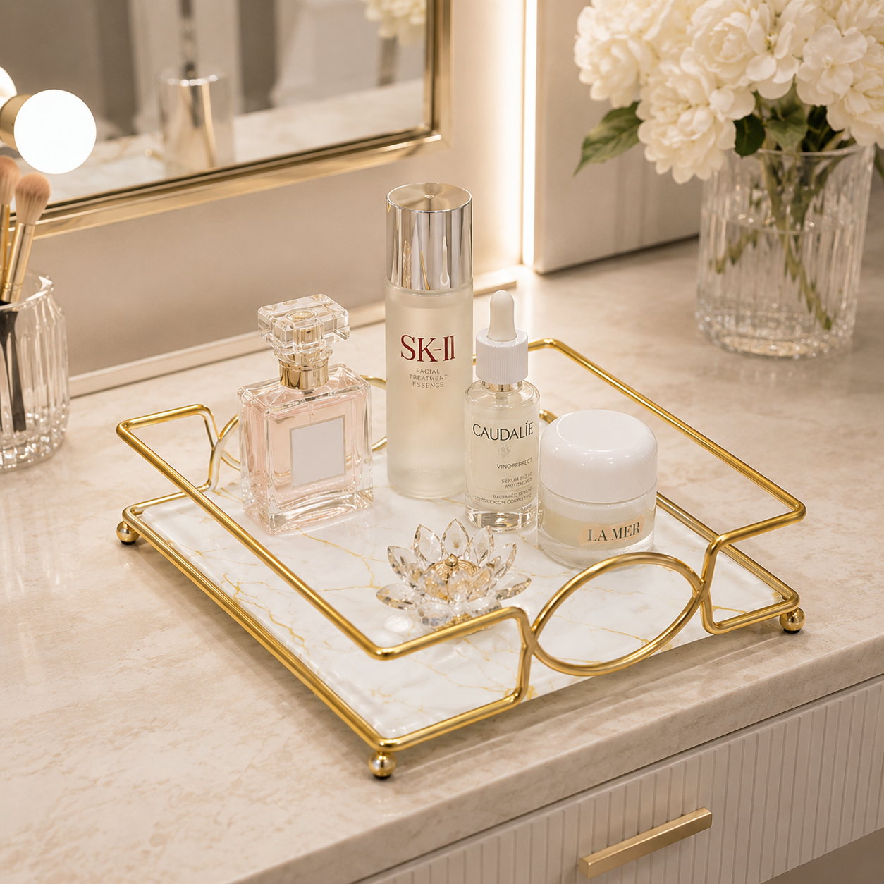 Luxury Golden Marble Vanity Tray – Cosmetic & Perfume Organizer