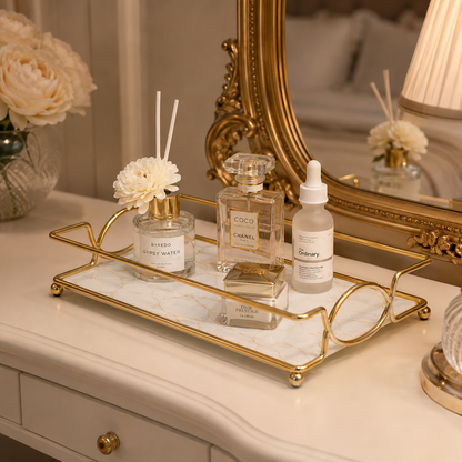 Luxury Golden Marble Vanity Tray – Cosmetic & Perfume Organizer