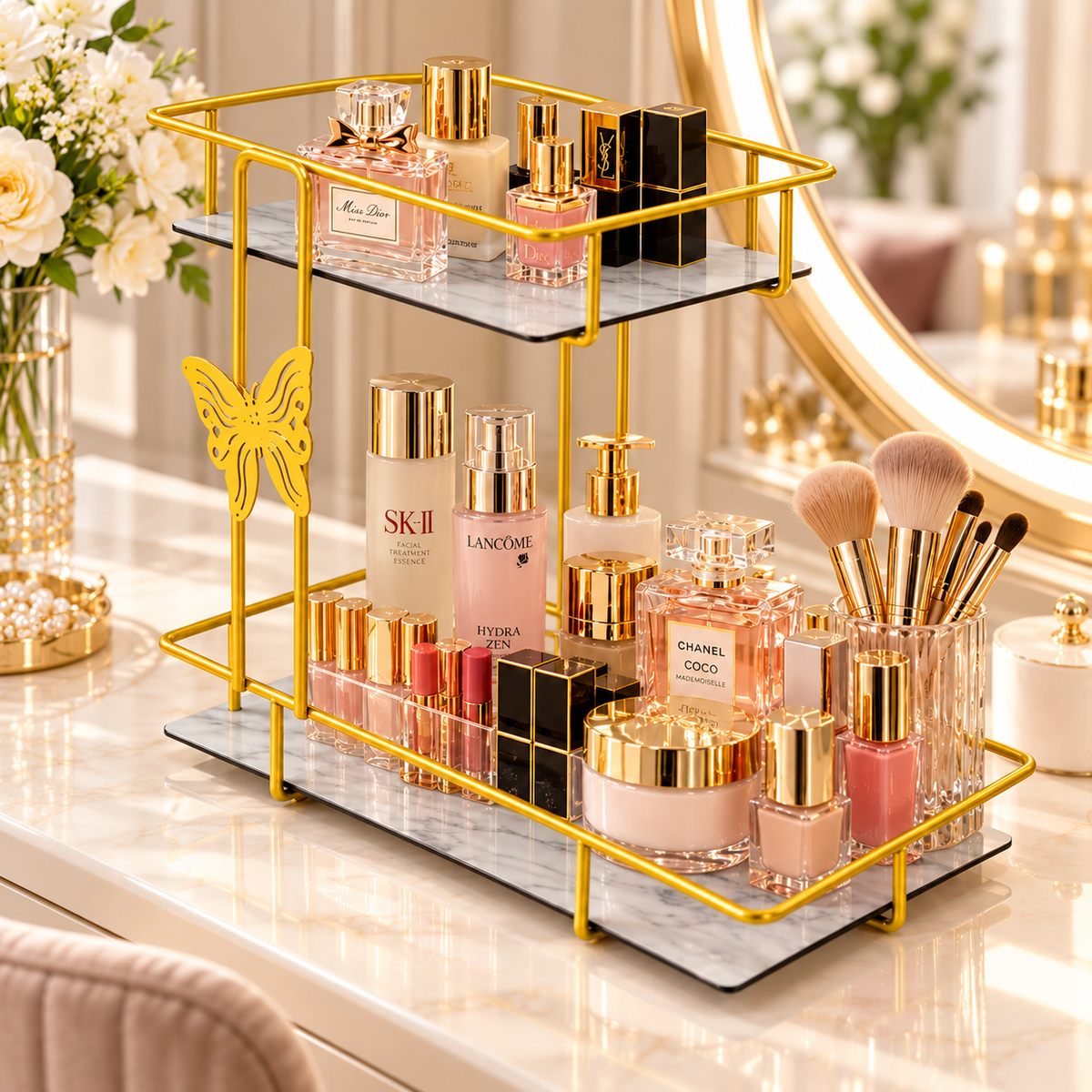 Luxury 2-Tier Golden Cosmetic Organizer Stand with Marble Trays – Makeup & Perfume Storage Rack