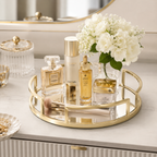 Perfume Plate Round Tray with Gold Metal & Glass – Elegant Vanity Organizer