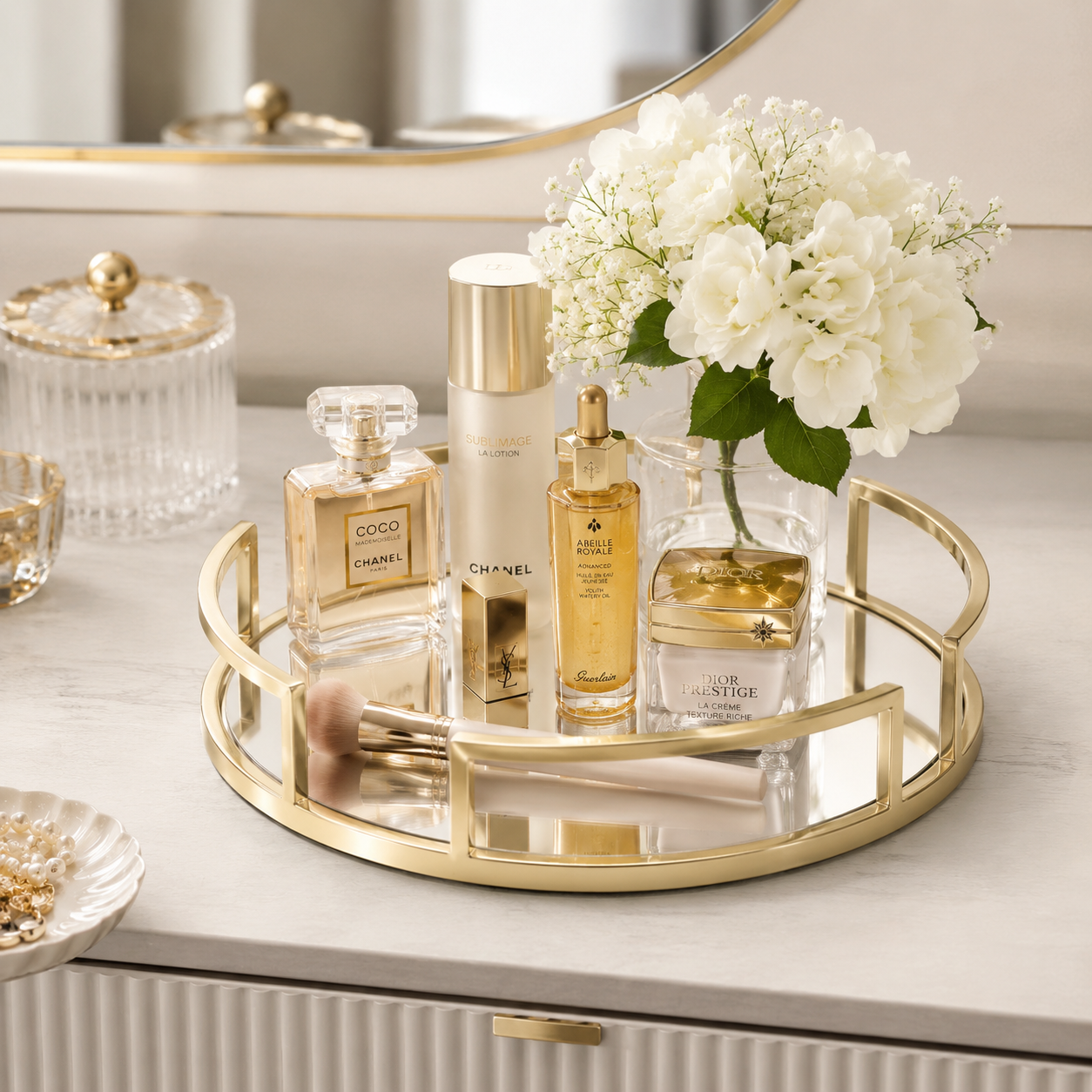 Perfume Plate Round Tray with Gold Metal & Glass – Elegant Vanity Organizer