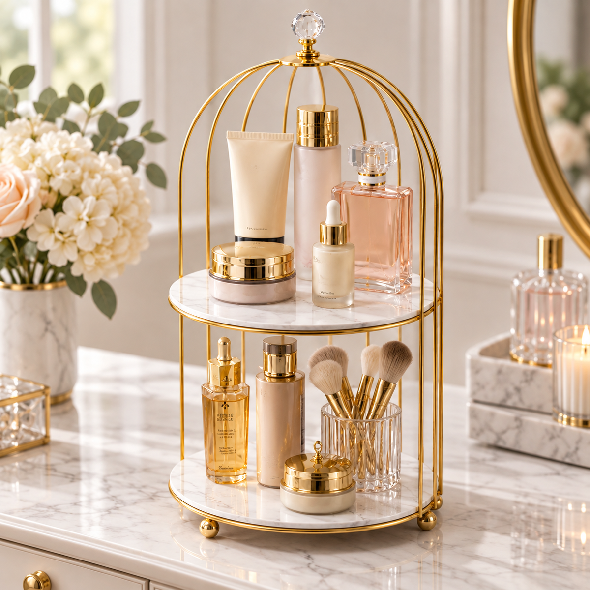 2 Layers Cosmetics Cage Organizer – Stylish Makeup & Skincare Storage Rack