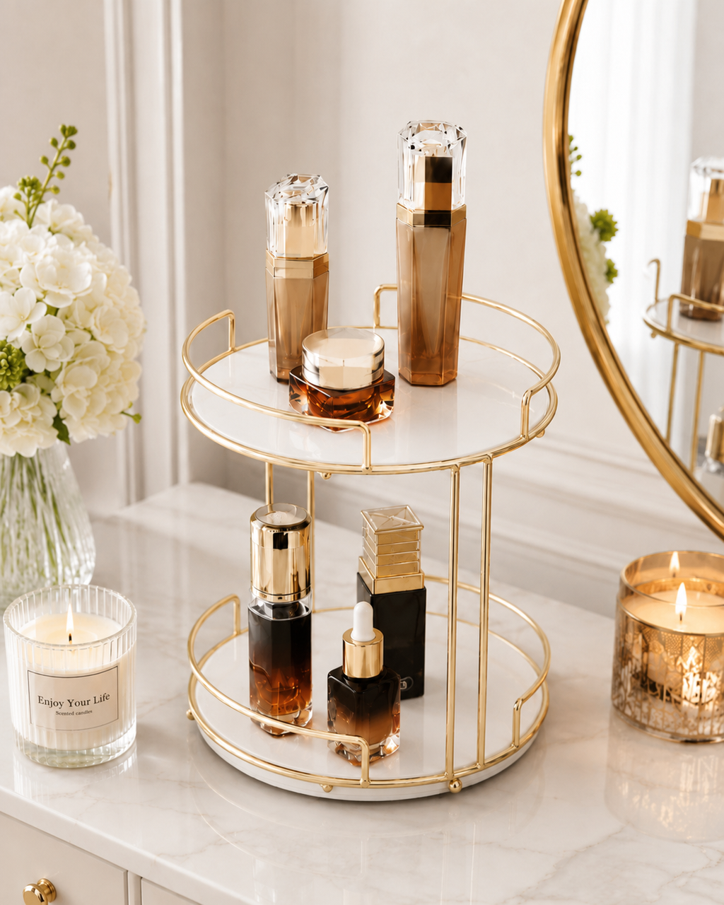 Luxury 2-Tier Cosmetic Organizer Stand – Gold Frame with Black & White Tray