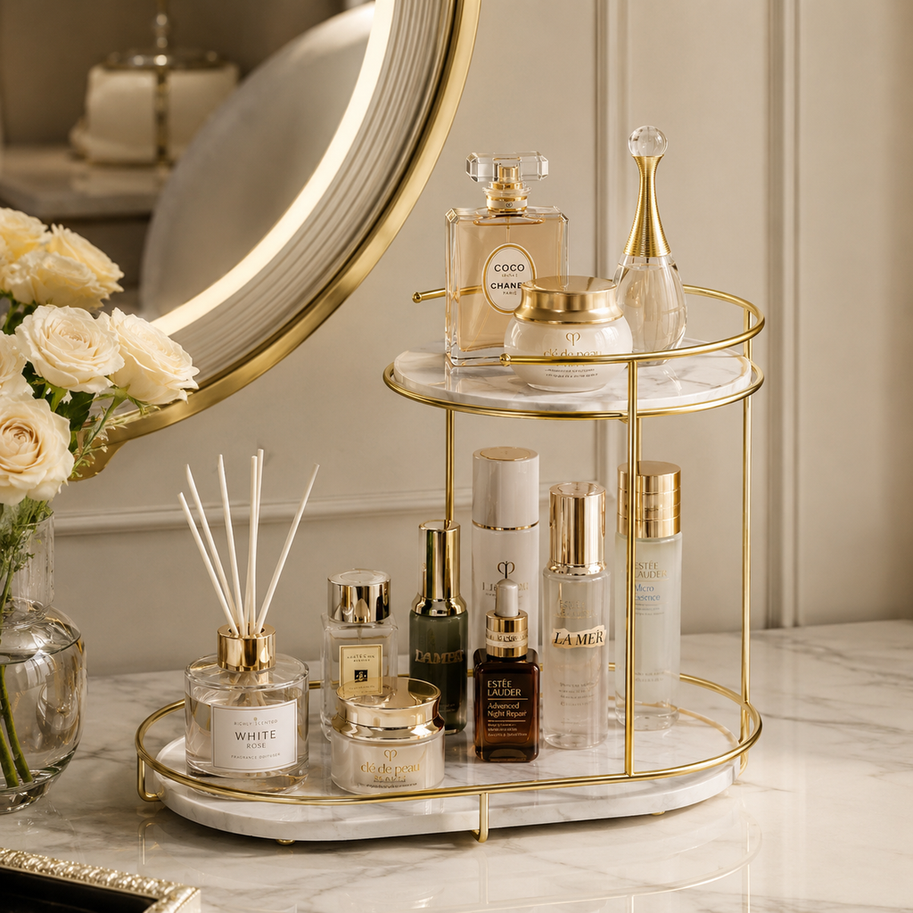 Luxury 2-Tier Golden Marble Cosmetic Organizer Stand