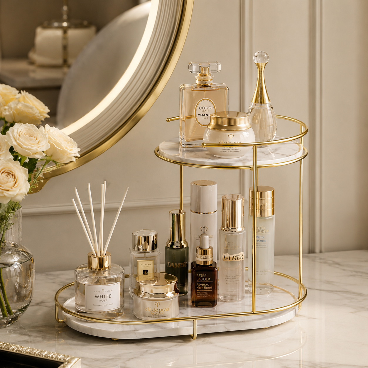 Luxury 2-Tier Golden Marble Cosmetic Organizer Stand