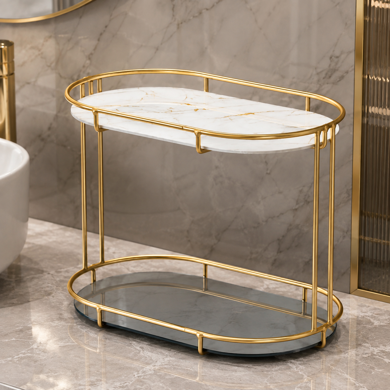 Luxury 2 Tier Golden Bathroom & Cosmetic Organizer Stand