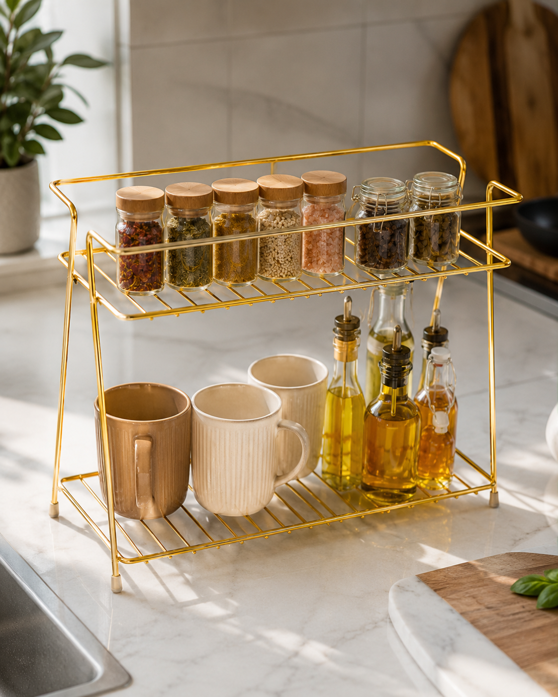 2-Tier Golden Kitchen Organizer Rack – Multipurpose Countertop Storage Shelf
