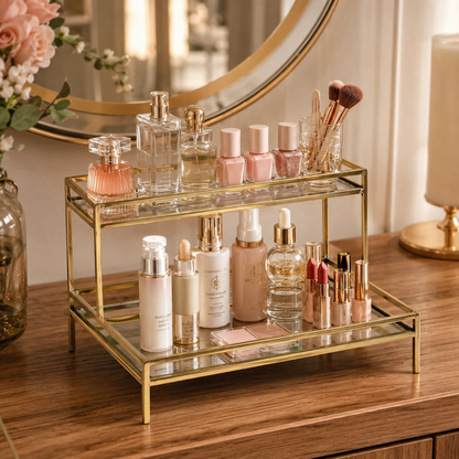 Luxury 2-Tier Golden Rectangular Cosmetic & Perfume Organizer