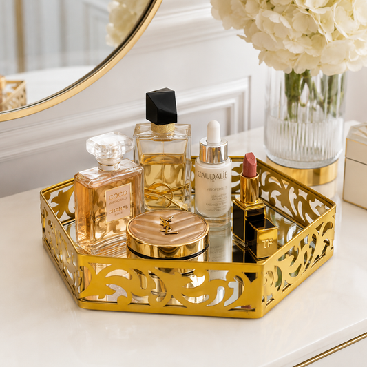 Hexagonal Cosmetics & Serving Mirror Tray – Luxury Vanity Organizer & Decorative Display Tray