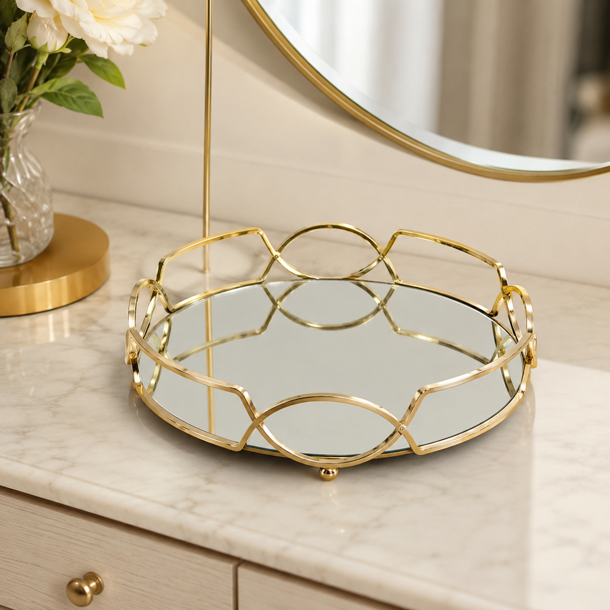 Round Shape Metal & Glass Cosmetics Storage Tray – Elegant Vanity Organizer