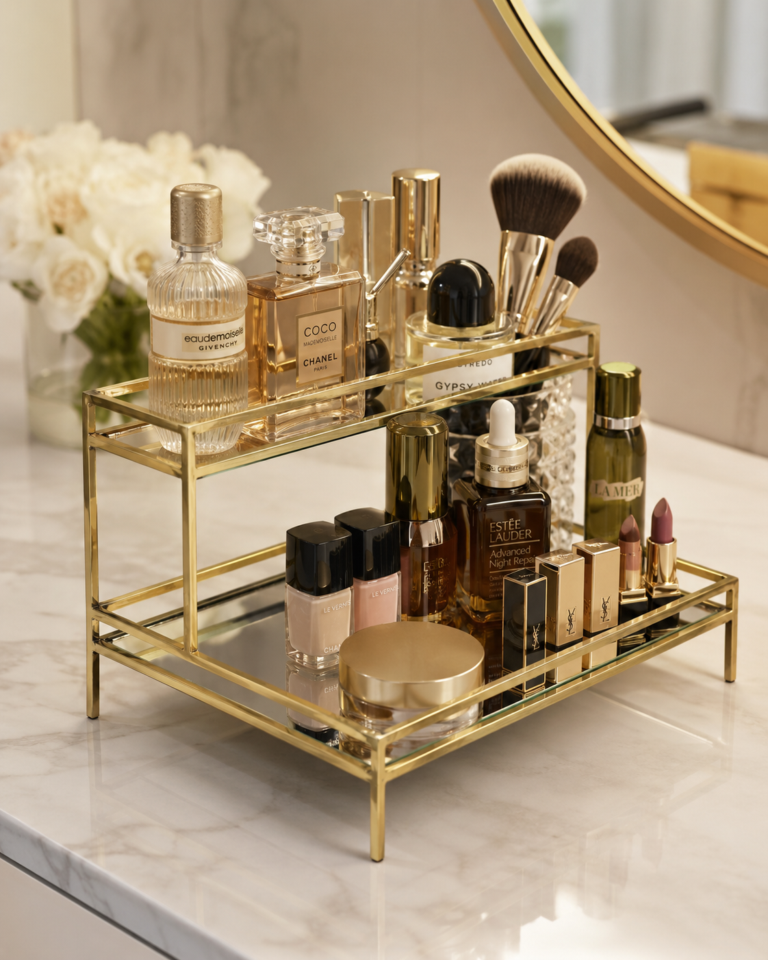 Luxury 2-Tier Gold Mirror Cosmetic Organizer Tray – Vanity Makeup & Perfume Stand