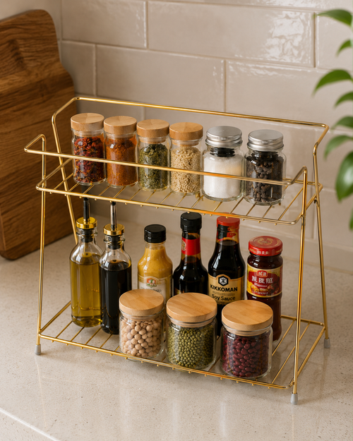 2-Tier Golden Kitchen Organizer Rack – Multipurpose Countertop Storage Shelf