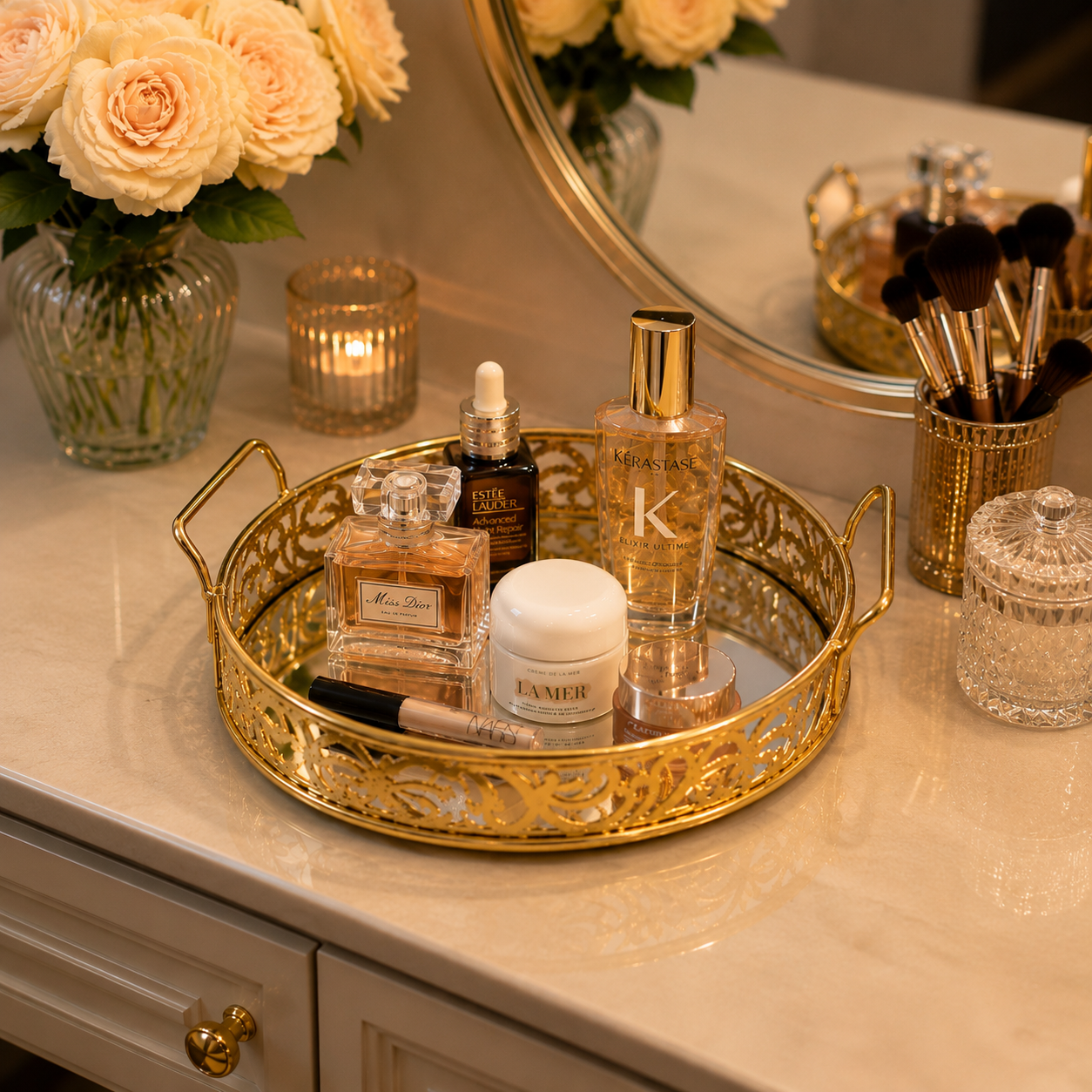 Luxury Golden Round Mirror Tray with Handles
