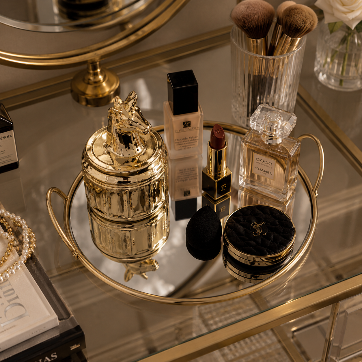 Single Makeup Organizer Round Mirror Tray – Elegant Vanity Storage & Display Tray