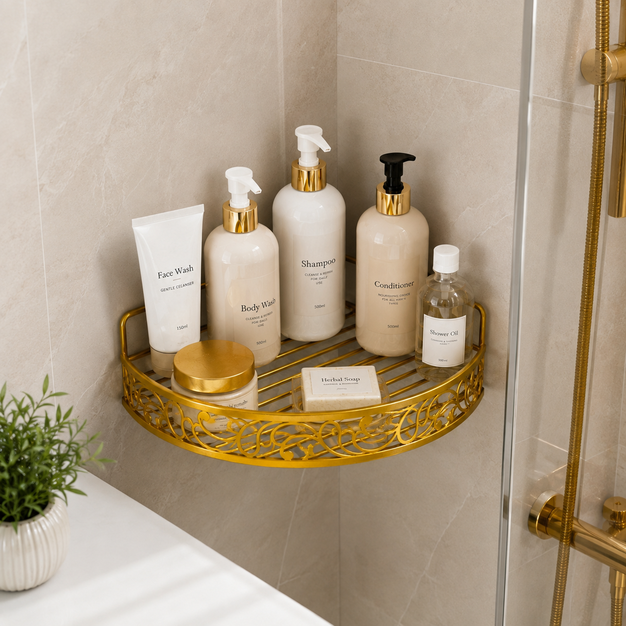 Luxury Golden Wall Mounted Corner Bathroom Organizer Shelf