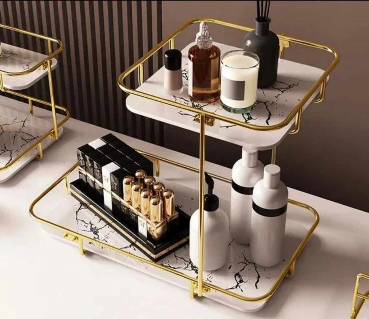 Luxury 2-Tier Golden Marble Cosmetic Organizer Rack
