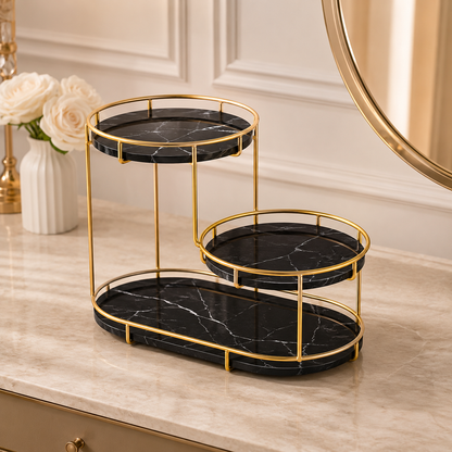 Luxury 3-Tier Gold Cosmetic Organizer Tray – Marble Makeup & Perfume Display Stand