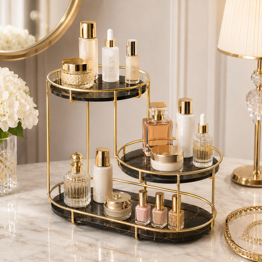 Luxury 3-Tier Gold Cosmetic Organizer Tray – Marble Makeup & Perfume Display Stand