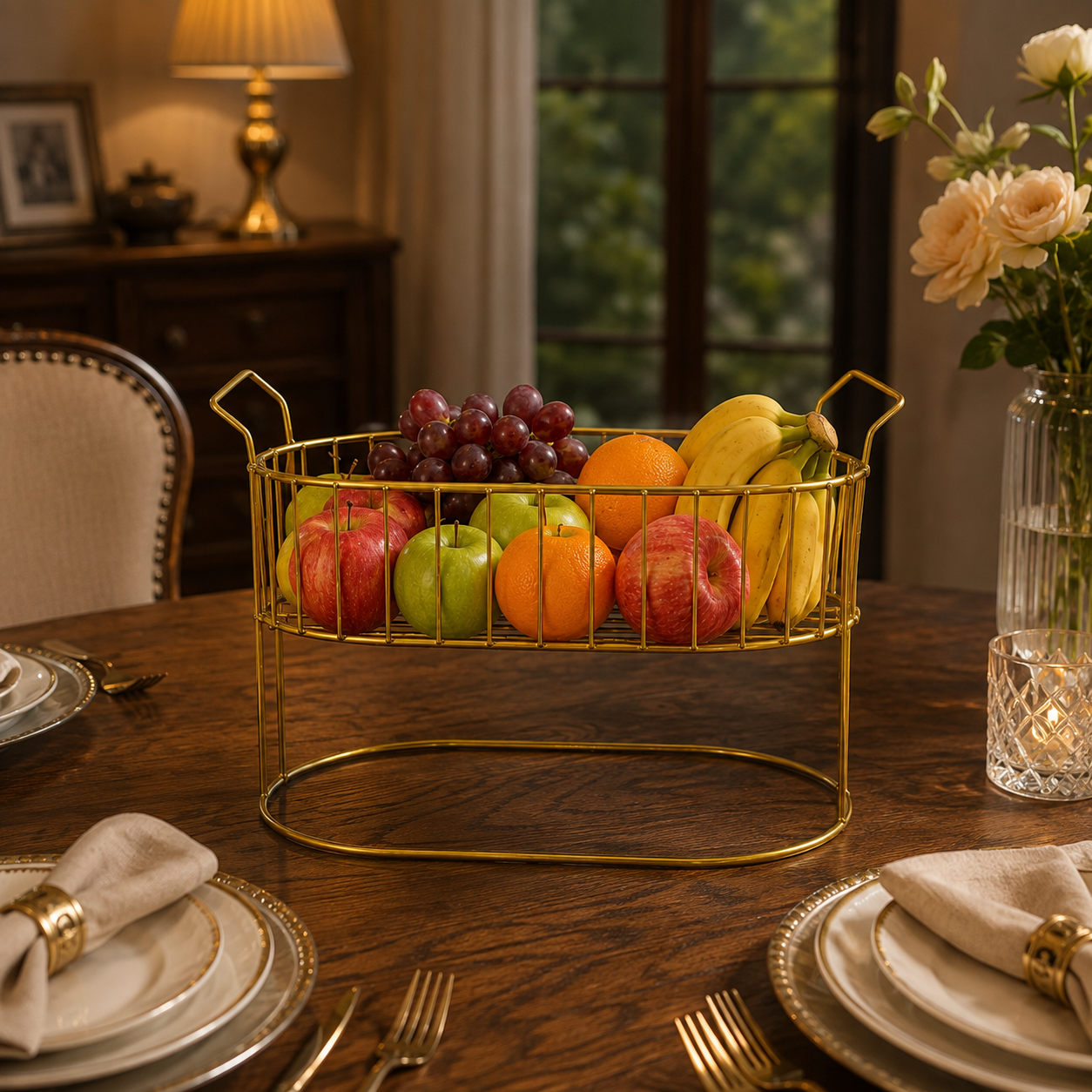 Luxury Golden Metal Fruit Basket Stand with Handles