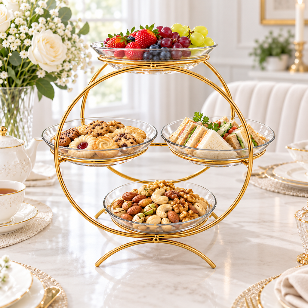Luxury Golden 4-Tier Serving Stand without Plates Elegant Round Fruit, Dry Fruit & Dessert Organizer 🌟🌟🌟🌟🌟