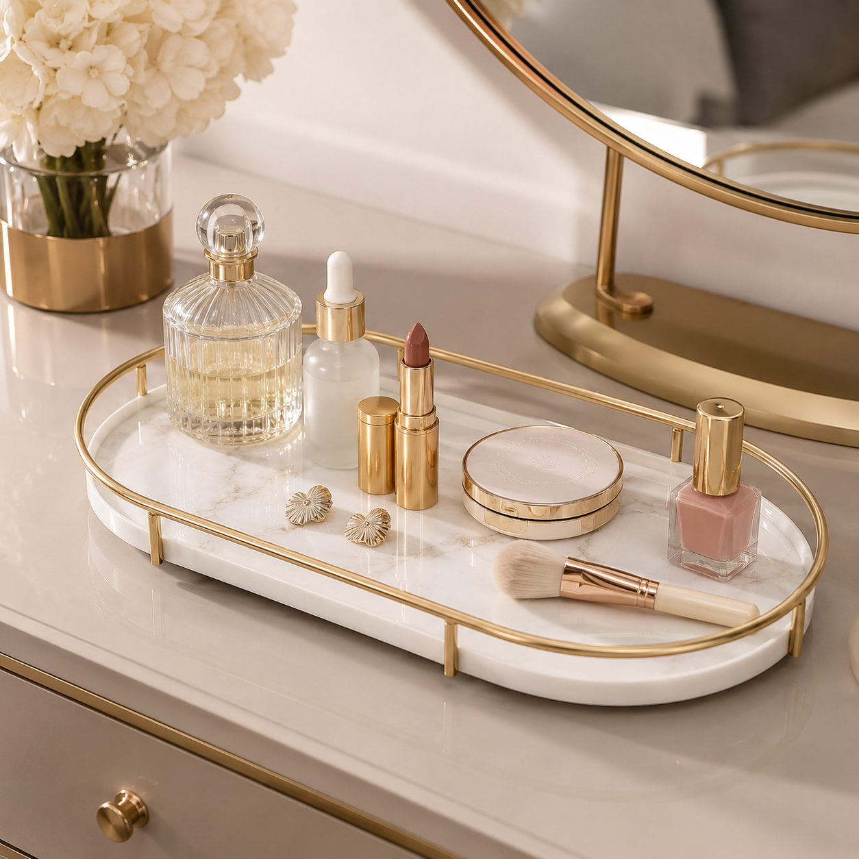 Premium Design Marble Cover Cosmetics Tray | Elegant Makeup Organizer with Protective Lid