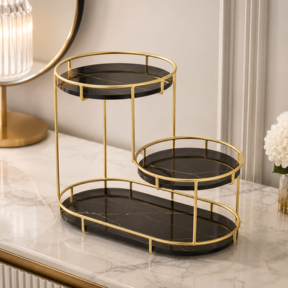 Luxury 3-Tier Gold Cosmetic Organizer Tray – Marble Makeup & Perfume Display Stand