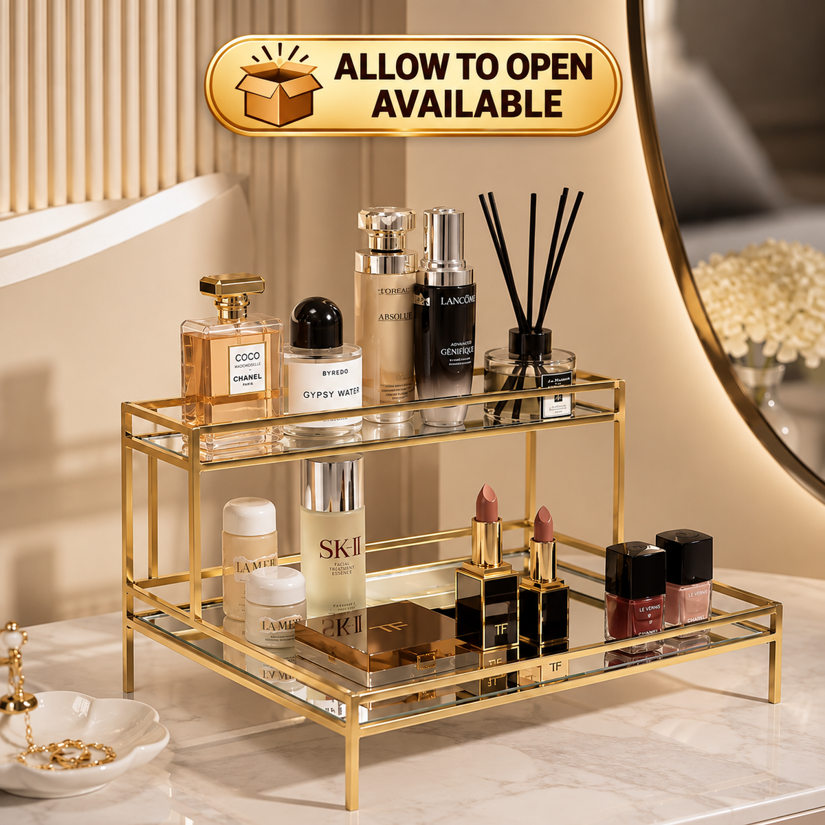 Gold Mirror Cosmetic Organizer Tray – Vanity Makeup & Perfume Stand