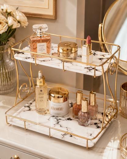 Luxury 2-Tier Marble Cosmetic Organizer Stand – Gold Frame Vanity Shelf