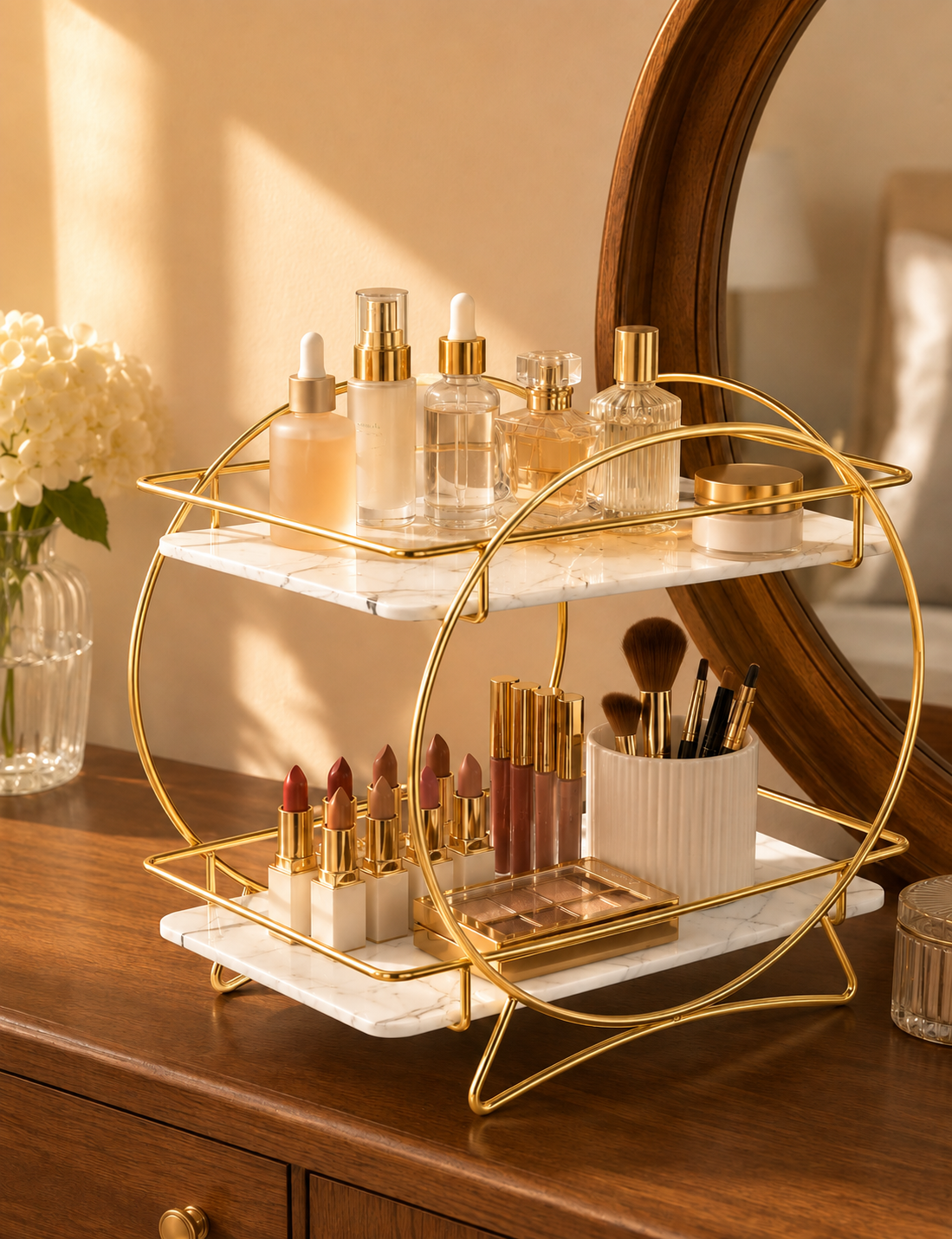 Luxury 2-Tier Golden Round Frame Cosmetic & Makeup Organizer