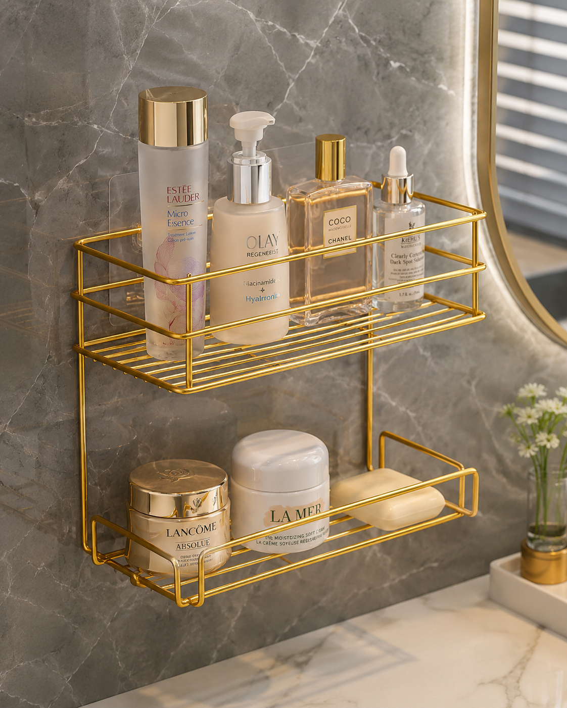 Luxury Gold Wall Mounted 2-Tier Bathroom & Cosmetic Organizer Rack