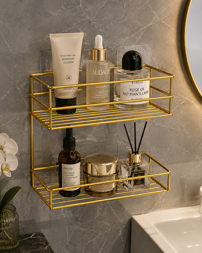 Luxury Gold Wall Mounted 2-Tier Bathroom & Cosmetic Organizer Rack