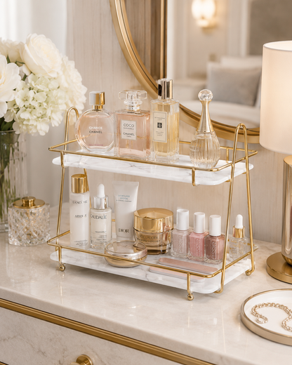 Luxury 2-Tier Cosmetic Organizer Stand – Gold Frame Vanity Tray