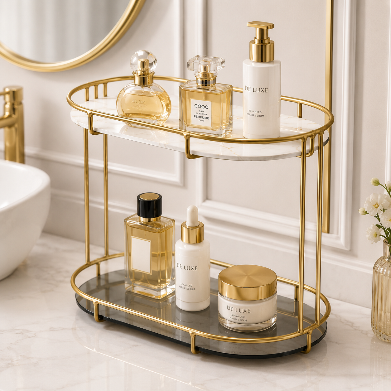 Luxury 2 Tier Golden Bathroom & Cosmetic Organizer Stand